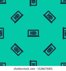 Blue line Laptop screen with HD video technology icon isolated seamless pattern on green background.  Vector Illustration