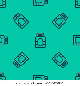 Blue line Laundry detergent for automatic wash machine icon isolated seamless pattern on green background.  Vector