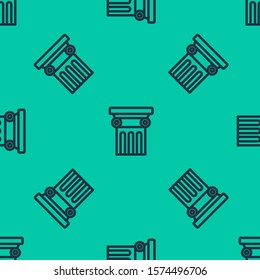 Blue line Law pillar icon isolated seamless pattern on green background.  Vector Illustration