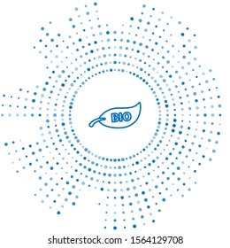 Blue line Leaf Bio symbol icon isolated on white background. Banner, label, tag, logo, sticker for eco green. Abstract circle random dots. Vector Illustration