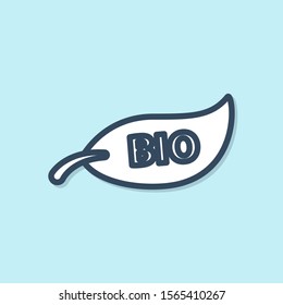 Blue line Leaf Bio symbol icon isolated on blue background. Banner, label, tag, logo, sticker for eco green.  Vector Illustration