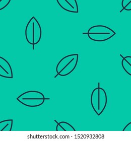 Blue line Leaf icon isolated seamless pattern on green background. Fresh natural product symbol.  Vector Illustration