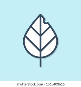 Blue line Leaf icon isolated on blue background. Fresh natural product symbol.  Vector Illustration