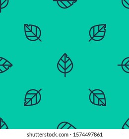 Blue line Leaf icon isolated seamless pattern on green background. Fresh natural product symbol.  Vector Illustration