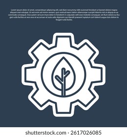 Blue line Leaf plant ecology in gear machine icon isolated on blue background. Eco friendly technology. World Environment day label.  Vector