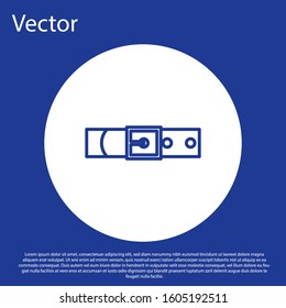 Blue line Leather belt with buttoned steel buckle icon isolated on blue background. White circle button. Vector Illustration