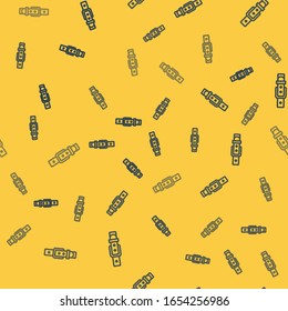 Blue line Leather belt with buttoned steel buckle icon isolated seamless pattern on yellow background.  Vector Illustration