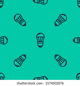 Blue line LED light bulb icon isolated seamless pattern on green background. Economical LED illuminated lightbulb. Save energy lamp.  Vector Illustration