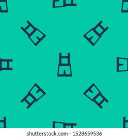 Blue line Lederhosen icon isolated seamless pattern on green background. Traditional bavarian clothing. Oktoberfest outfit. Pants with suspenders. Patrick day.  Vector Illustration