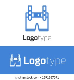 Blue line Lederhosen icon isolated on white background. Traditional bavarian clothing. Oktoberfest outfit. Pants with suspenders. Patrick day. Logo design template element. Vector Illustration