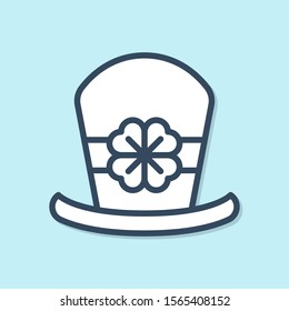 Blue line Leprechaun hat and four leaf clover icon isolated on blue background. Happy Saint Patricks day.  Vector Illustration