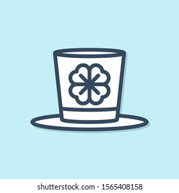 Blue line Leprechaun hat and four leaf clover icon isolated on blue background. Happy Saint Patricks day.  Vector Illustration