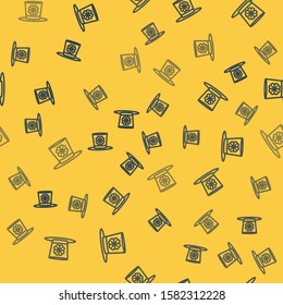 Blue line Leprechaun hat and four leaf clover icon isolated seamless pattern on yellow background. Happy Saint Patricks day.  Vector Illustration