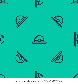 Blue line Leprechaun hat icon isolated seamless pattern on green background. Happy Saint Patricks day.  Vector Illustration