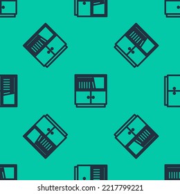 Blue line Library bookshelf icon isolated seamless pattern on green background.  Vector