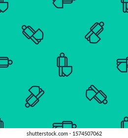 Blue line Life insurance with shield icon isolated seamless pattern on green background. Security, safety, protection, protect concept.  Vector Illustration