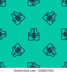 Blue line Life jacket icon isolated seamless pattern on green background. Life vest icon. Extreme sport. Sport equipment.  Vector Illustration
