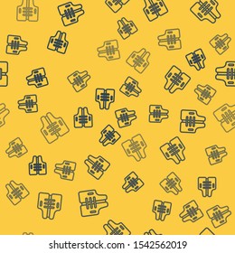 Blue line Life jacket icon isolated seamless pattern on yellow background. Life vest icon. Extreme sport. Sport equipment.  Vector Illustration