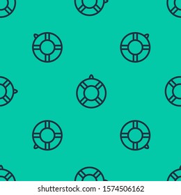 Blue line Lifebuoy icon isolated seamless pattern on green background. Lifebelt symbol.  Vector Illustration
