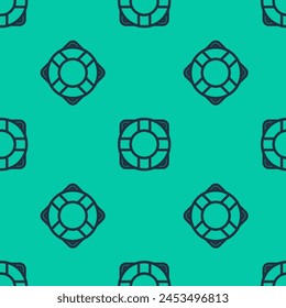 Blue line Lifebuoy icon isolated seamless pattern on green background. Lifebelt symbol.  Vector