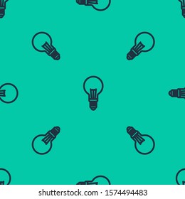 Blue line Light bulb with concept of idea icon isolated seamless pattern on green background. Energy and idea symbol. Inspiration concept.  Vector Illustration