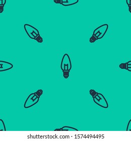 Blue line Light bulb with concept of idea icon isolated seamless pattern on green background. Energy and idea symbol. Inspiration concept.  Vector Illustration