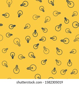 Blue line Light bulb with concept of idea icon isolated seamless pattern on yellow background. Energy and idea symbol. Inspiration concept.  Vector Illustration