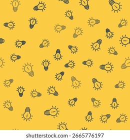 Blue line Light bulb with concept of idea icon isolated seamless pattern on yellow background. Energy and idea symbol. Inspiration concept.  Vector Illustration