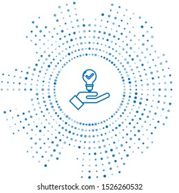 Blue line Light bulb in hand icon isolated on white background. Concept of idea. Abstract circle random dots. Vector Illustration