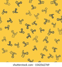 Blue line Light bulb in hand icon isolated seamless pattern on yellow background. Concept of idea.  Vector Illustration