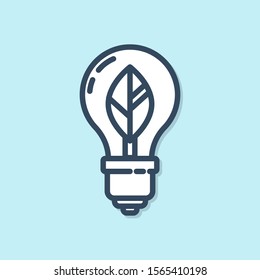 Blue line Light bulb with leaf icon isolated on blue background. Eco energy concept. Alternative energy concept.  Vector Illustration