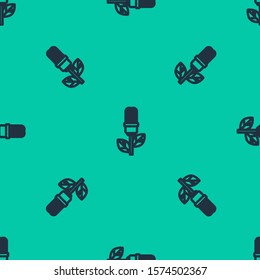 Blue line Light bulb with leaf icon isolated seamless pattern on green background. Eco energy concept. Alternative energy concept.  Vector Illustration