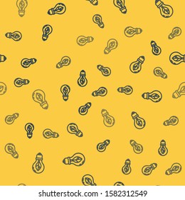 Blue line Light bulb with leaf icon isolated seamless pattern on yellow background. Eco energy concept. Alternative energy concept.  Vector Illustration