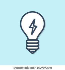 Blue line Light bulb with lightning symbol icon isolated on blue background. Light lamp sign. Idea symbol.  Vector Illustration