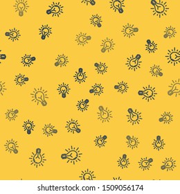 Blue line Light bulb with rays shine and concept of idea icon isolated seamless pattern on yellow background. Energy and idea symbol. Inspiration concept.  Vector Illustration