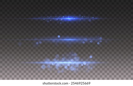 Blue line light effect. Blue glowing neon lines. The golden glow of dust and glare. Flash of light. gold dust bokeh. Golden confetti shimmers on a dark background.