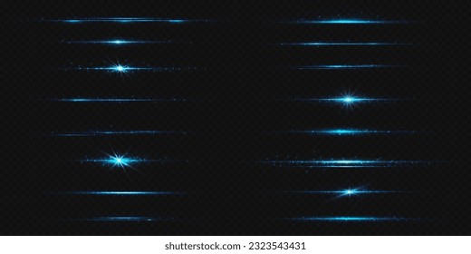 La luz de la línea azul brilla con brillo y brillo. Efecto de banda de neón azul turquesa horizontal aislado sobre fondo transparente. Divisor de bandas láser de flash mágico con ilustración de diseño de destellos de brillo