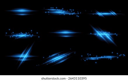 Blue line light glow with sparkle and flare shine Horizontal 