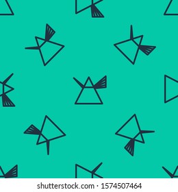 Blue line Light rays in prism icon isolated seamless pattern on green background. Ray rainbow spectrum dispersion optical effect in glass prism.  Vector Illustration