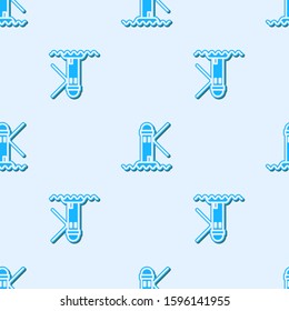 Blue line Lighthouse icon isolated seamless pattern on grey background.  Vector Illustration
