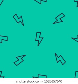 Blue line Lightning bolt icon isolated seamless pattern on green background. Flash sign. Charge flash icon. Thunder bolt. Lighting strike.  Vector Illustration