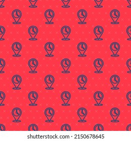 Blue line Location with clock icon isolated seamless pattern on red background.  Vector Illustration
