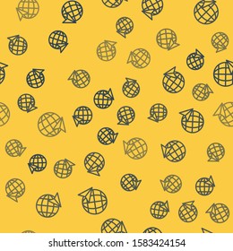 Blue line Location on the globe icon isolated seamless pattern on yellow background. World or Earth sign.  Vector Illustration