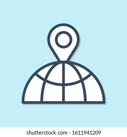 Blue line Location on the globe icon isolated on blue background. World or Earth sign.  Vector Illustration