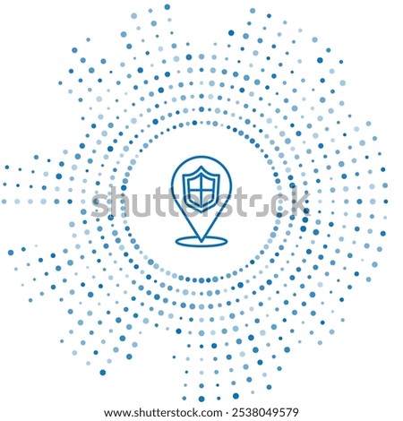 Blue line Location shield icon isolated on white background. Insurance concept. Guard sign. Security, safety, protection, privacy concept. Abstract circle random dots. Vector