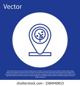 Blue line Location and tree icon isolated on blue background. White circle button. Vector Illustration