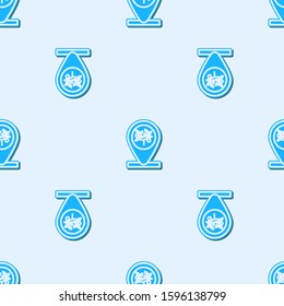 Blue line Location and tree icon isolated seamless pattern on grey background.  Vector Illustration