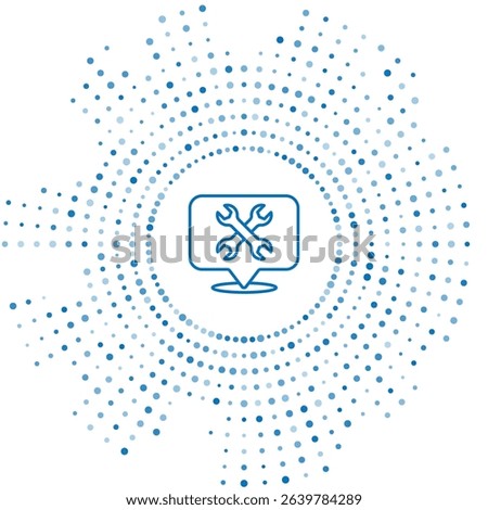 Blue line Location with wrench spanner icon isolated on white background. Adjusting, service, setting, maintenance, repair, fixing. Abstract circle random dots. Vector