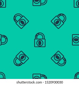 Blue line Lock with bitcoin icon isolated seamless pattern on green background. Cryptocurrency mining, blockchain technology, security, protect, digital money.  Vector Illustration
