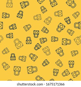 Blue line Lock and heart icon isolated seamless pattern on yellow background. Locked Heart. Love symbol and keyhole sign. Valentines day symbol.  Vector Illustration